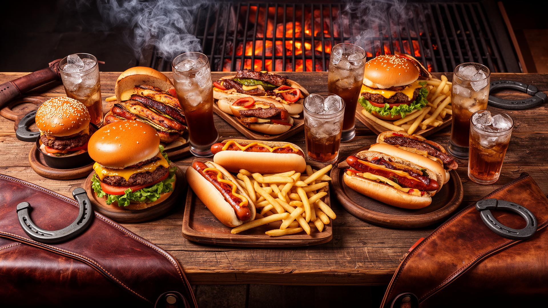 Mesa rústica con hamburguesas, hot dogs y bebidas