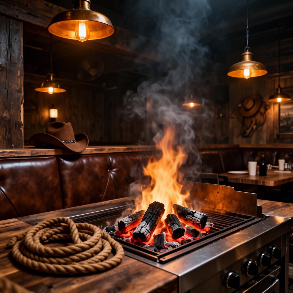 Ambiente vaquero moderno con parrilla y luces cálidas